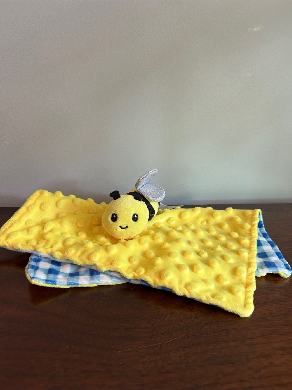 Walmart Bumble Bee Lovey Security Blanket Blue Check Gingham 11"